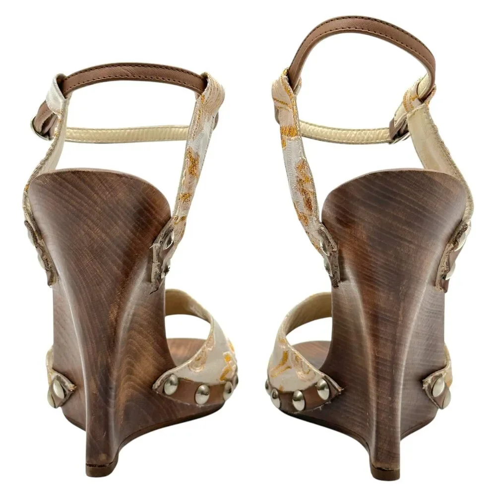 D&G Dolce & Gabbana Gold Damask & Wooden Wedge Sandals